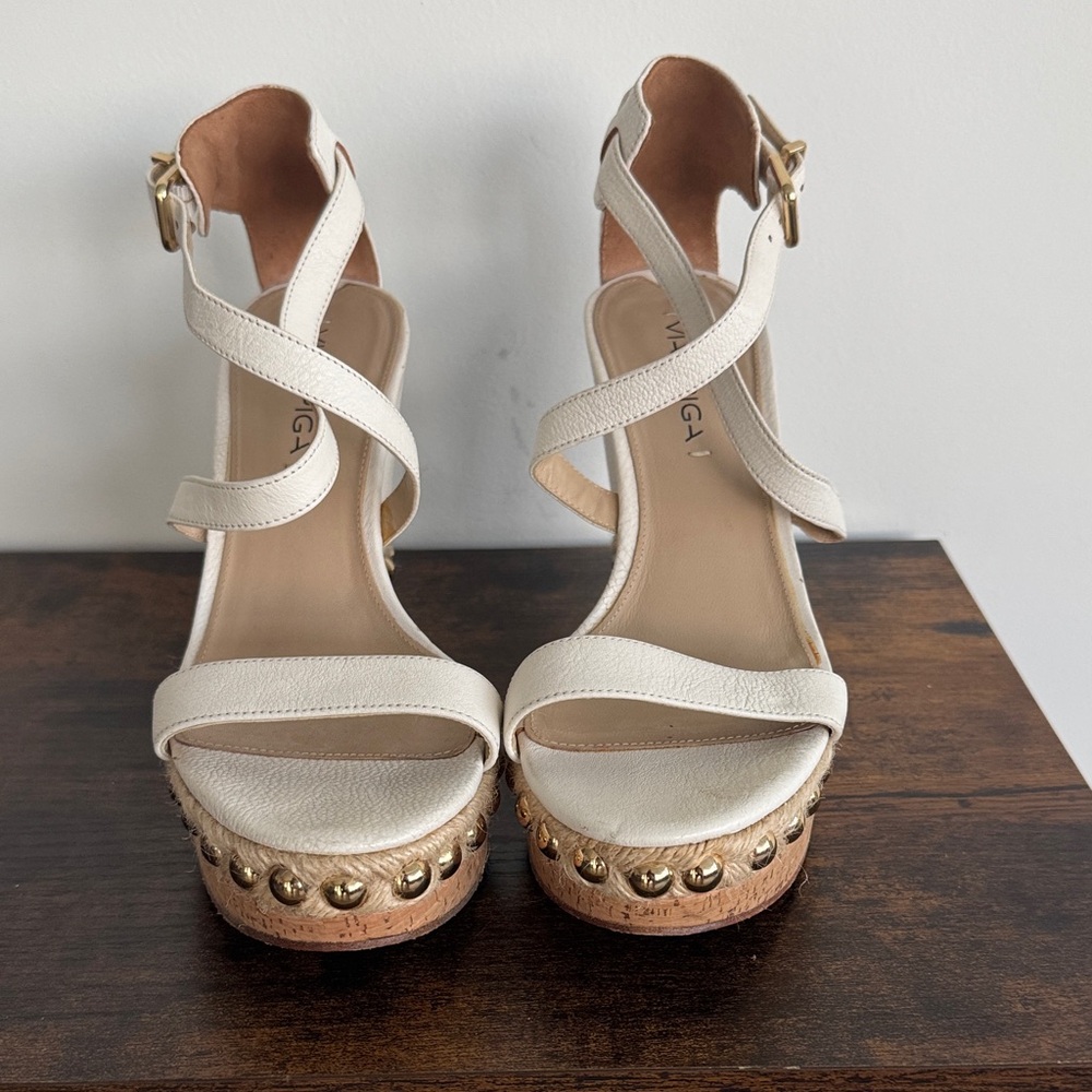 Via Spiga Multi Media White Leather Cork Platform Sandals with Gold Studs (EU39)